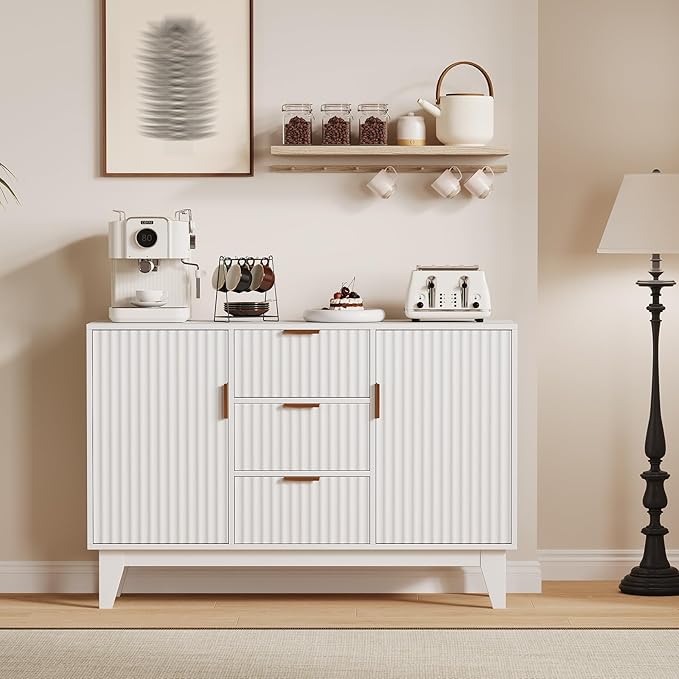 Garvee 47.2" Fluted Buffet Cabinets with Storage, Sideboard Storage Cabinet with 3 Drawers and 2 Doors, Modern Mid Century TV Stand Coffee Bar Furniture for Living Room, Kitchen, Entryway- White