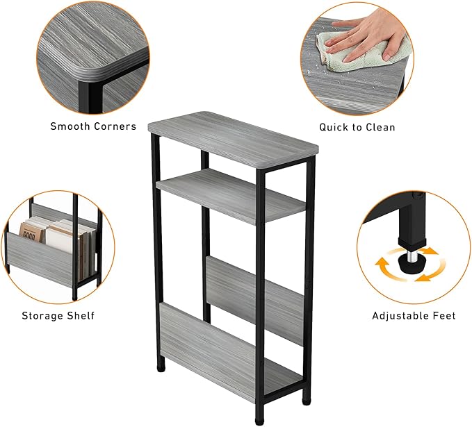 7.1" Narrow Side Table for Small Spaces, 3 Tier Small End Table with Magazine Holder, Slim/Skinny Nightstand/Bedside Table for Living Room, Bedroom, 15.4" L x 24.2" H, Gray