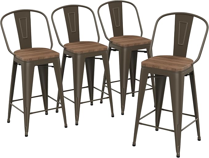 Yongqiang 24 inch Bar Stools Set of 4 Kitchen Counter Height Bar Chairs High Back Metal Barstools with Large Wooden Seat Industrial Rusty