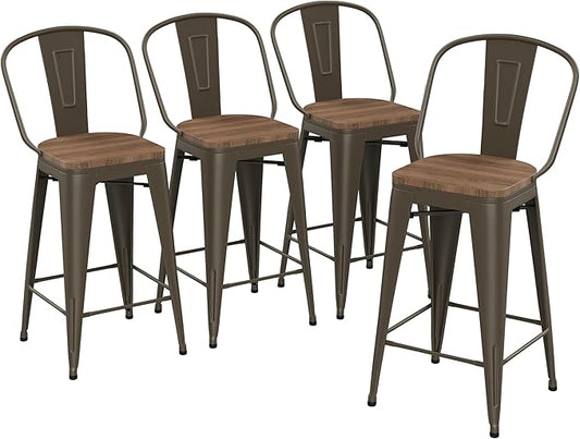 Yongqiang 24 inch Bar Stools Set of 4 Kitchen Counter Height Bar Chairs High Back Metal Barstools with Large Wooden Seat Industrial Rusty