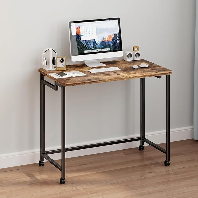 JSB Small Folding Computer Desk with Storage Bag and Hook Writing Modern Industrial Work Table Laptop for Home Office White (Rustic & Brown, 27.6")