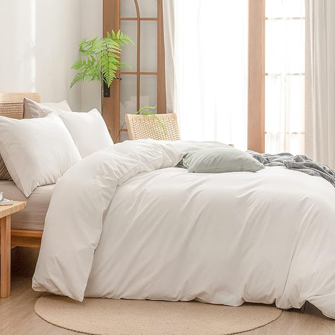 BESTOUCH Duvet Cover Set 100% Washed Cotton Linen Feel Super Soft Comfortable Chic Lightweight 3 PCs Home Bedding Set Solid Off White Full/Double