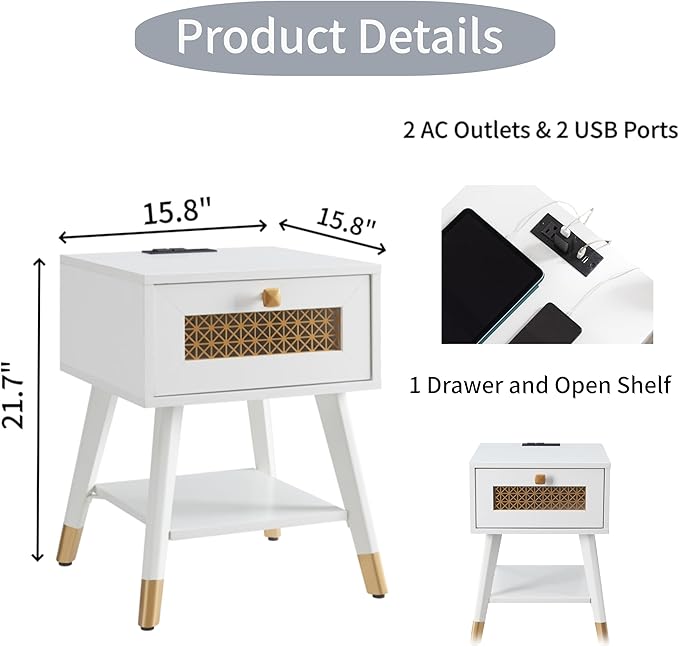 Modern Style Side Table, End Table with Drawer and Shelf for Living Room, Square Wooden Small Nightstand, White
