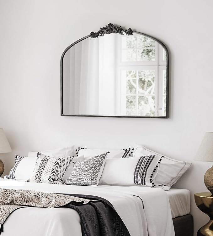 Kate and Laurel Arendahl Ornate Traditional Arched Mirror; 36 x 29; Black; Decorative Baroque Style Arched Wall Mirror with Wide Frame and Ornamental Crown