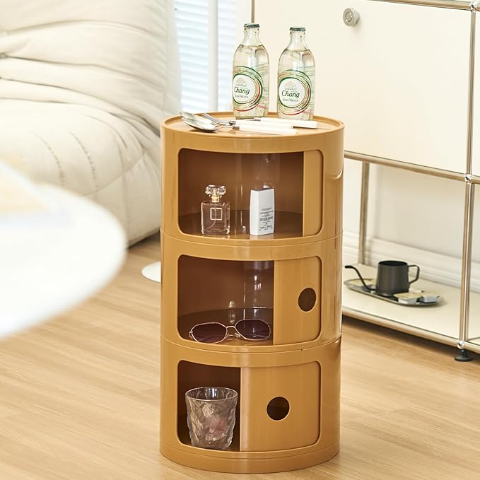 Round Nightstand with 3 Drawers, Modern Style Side Table, Multifunctional End Table Storage Cabinet for Living Room, Bedroom, Bathroom (Orange)