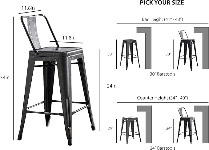 AC Pacific 24” Metal Barstool Set of 4 – Country Rustic Style with Low Back, Lightweight & Sturdy Build, Easy Assembly – Distressed Black