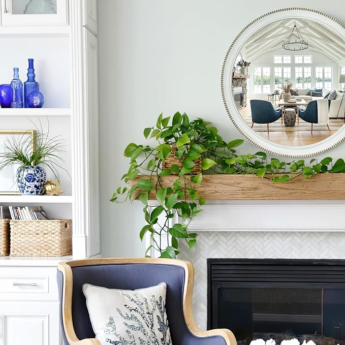 sawsile Wood Circle Mirror,Rustic Farmhouse Wall Mirror 28 inch Round Morden Decoration Wood Large Mirror White Accent Mirror for Bedroom,Living Room