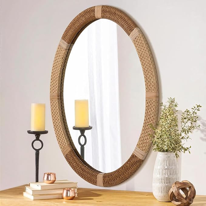 ULIKE Oval Rattan Wall Mirror, 22x30 Inch Rustic Farmhouse Wall Decor with Wicker Frame, Boho Mirror for Nursery Bathroom Bedroom Living Room Entryway