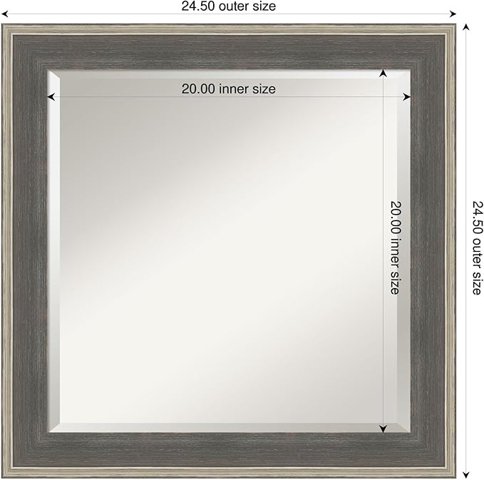Amanti Art Grey Wall Mirror 25x25 Cottage Grey Silver Square Bathroom Mirror for Wall Decor Living Room, Medium Casual Wood Frame, Hangs Horizonally and Vertically, Bathroom Decor, Beveled Edge