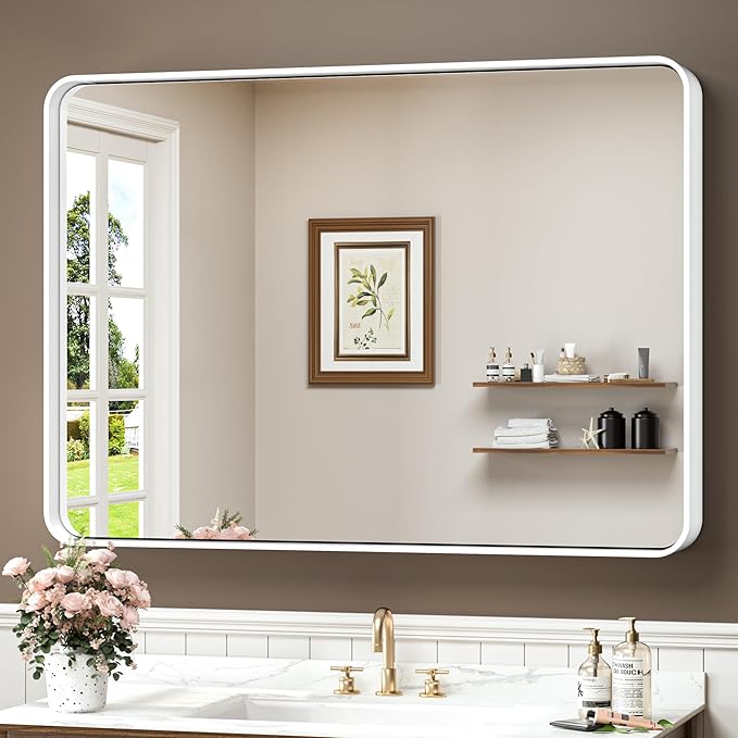 TokeShimi 40 x 30 Inch Wall Mirror for Bathroom White Metal Frame Decorative Rectangular Wall Mounted Home Decor Corner Hangs Farmhouse Mirror (Horizontal/Vertical)