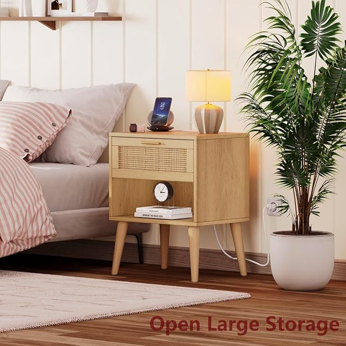 Irontar 17.7''L Nightstand Set of 2, Bedroom Night Stand with Charging Station & Rattan Drawer, Boho Style Bed Side Tables with Solid Legs, Accent End Table with Open Storage, Natural BZZ007ME02
