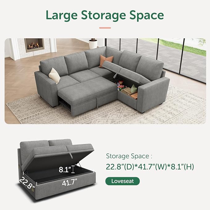 HONBAY Modular Sectional Sleeper Sofa with Pull Out Bed, Chenille L Shaped Couch with Storage Seats, Convertible Sectional Couches for Living Room, Warm Grey