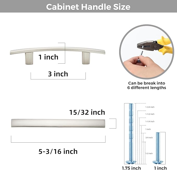 5 Pack Cabinet Handles 3" Hole Center - Curved Cabinet Pulls Brushed Nickel Drawer Pulls for Kitchen Cupboard Solid Hardware for Dresser Drawer Arch Hardware
