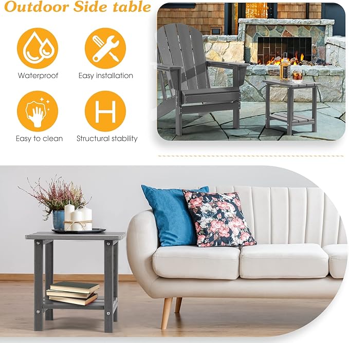 Adirondack Outdoor Side Table, 2-Tier Sturdy Patio End Table Weather Resistant, 16.5" Solid Side Table for Patio, Pool, Porch