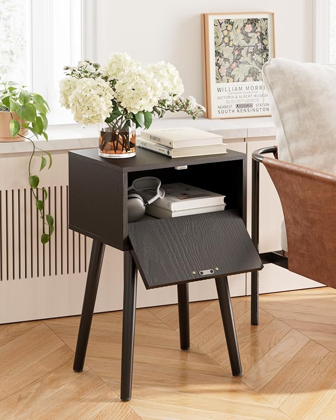 Night Stand, Black Nightstand with Fluted Door, Small Modern Mid-Century Bedside Table for Bedroom, End Table for Living Room
