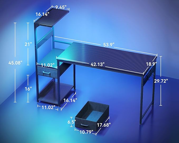 Casaottima 54 Inch Gaming Desk with Storage & LED Lights, Reversible Computer Desk with Display Shelves & Fabric Drawer, Modern Gamer Desk Table with Side Headphone Hook, Carbon Fiber Black