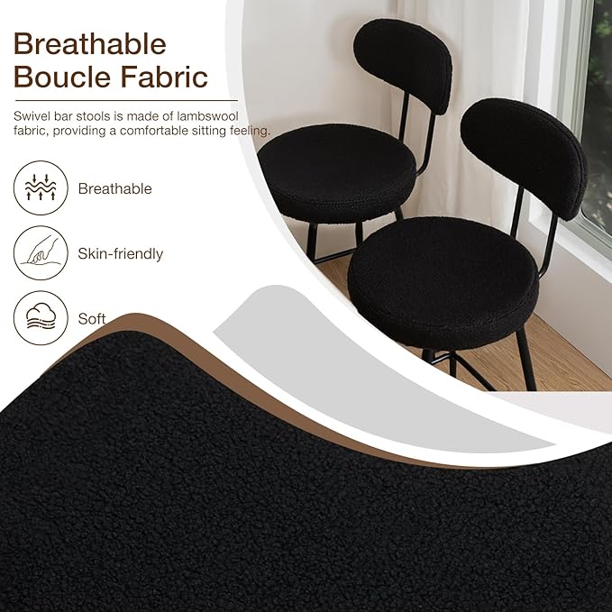 HOMMPA Swivel Bar Stools Set of 3 Counter Height Bar Stools Chiars 26'' Boucle Upholstered Modern Counter Barstools with Back Metal Legs Bar Chairs for Kitchen Counter Island Black