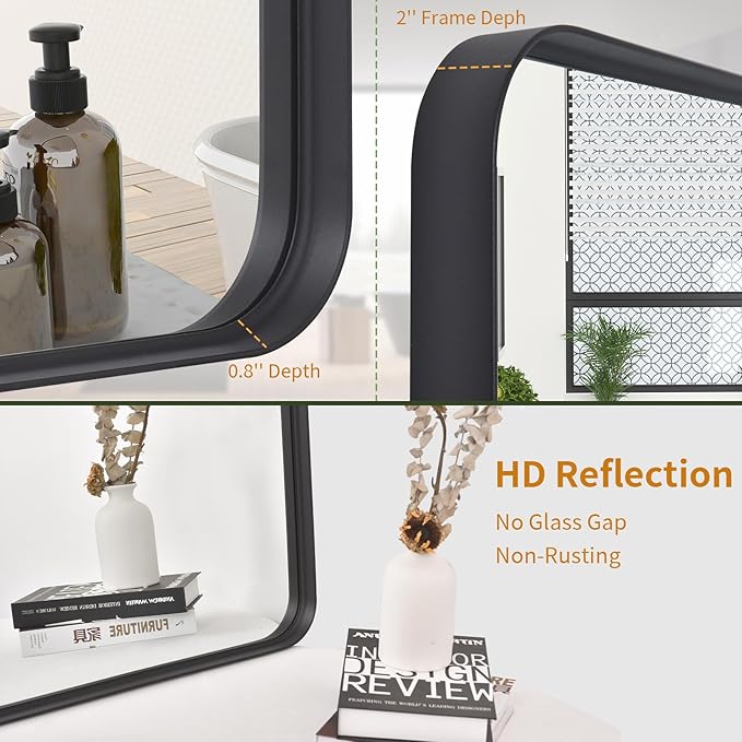 Bathroom Mirror 30x40 inch, Black Gorgeous Deep Frame Wall Mirror, Modern Round Corner Bathroom Vanity Mirror for Bedroom, Living Room, Hanging or Leaning Horizontal or Vertical, Black