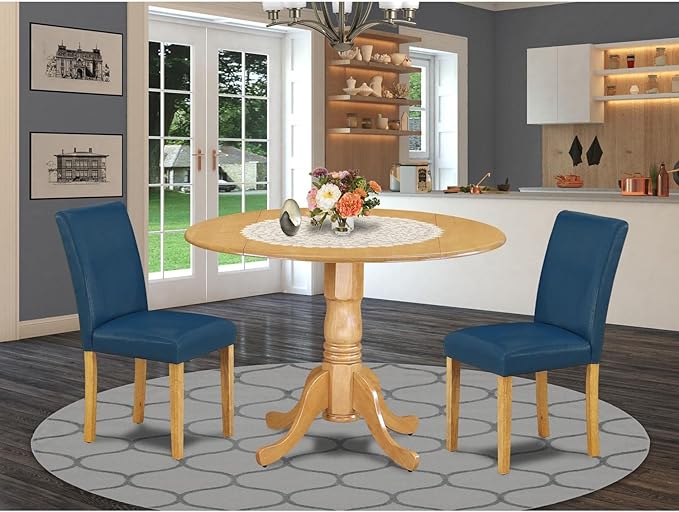 East West Furniture DLAB3-OAK-55 3 Piece Kitchen Table Set Contains a Round Dining Table with Dropleaf and 2 Oasis Blue Faux Leather Upholstered Chairs, 42x42 Inch, Oak