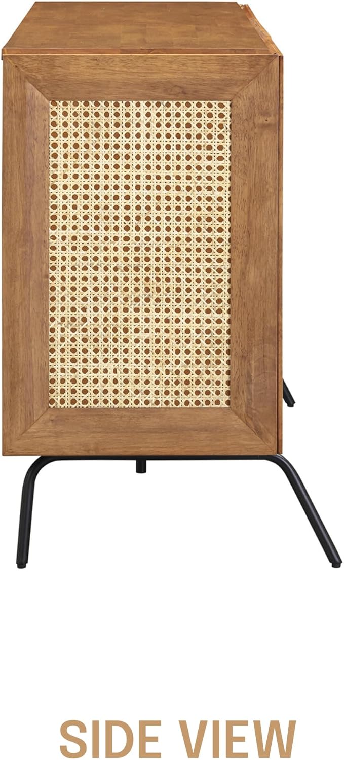 NTC MOSSIC Modern Sideboard with 4 Doors, Natural Rattan Storage Cabinet, Buffet with Metal Legs, Boho Accent Cabinet for Living Room, and Entryway, Effortless Assembly, Teak Look