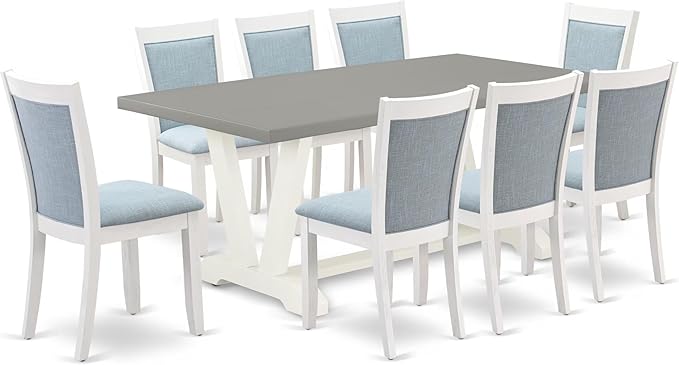 East West Furniture V097MZ015-9 9 Piece Modern Dining Table Set Includes a Rectangle Wooden Table with V-Legs and 8 Baby Blue Linen Fabric Parsons Dining Chairs, 40x72 Inch, Multi-Color