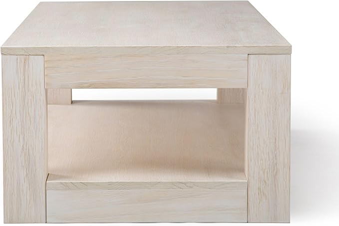 Plank+Beam Modern Rectangular Coffee Table with Shelf, 48", Solid Wood Center Table with Storage, 2 Tier Tea Table for Living Room, White Sand Wirebrush