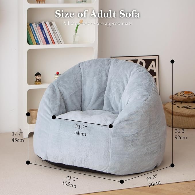 N&V Large Shell Bean Bag Chair, Adult Size Bean Bag Sack, Foam Filling, Includes Removable and Machine Washable Cover, 40in, Soft Faux Fur, Grey