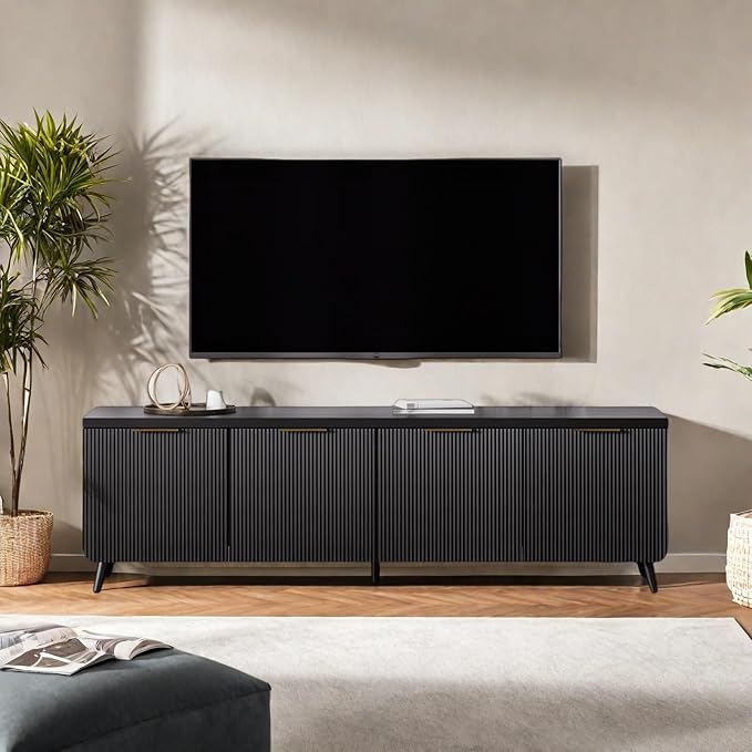 TV Stand for Living Room, Fluted Television Cabinet with 4 Stripe Doors, Modern Entertainment Center for 55/60/65 inch TV, Media Console with Wooden Legs & Metal Handles, Black