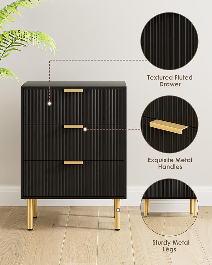 Night Stand,Tall Bedside Table with 3Storage Drawers,White Nightstand,Bedside Furniture,Side Table with Gold Frame,End Table for Bedroom,Living Room (Modern-3drawers, Black.)