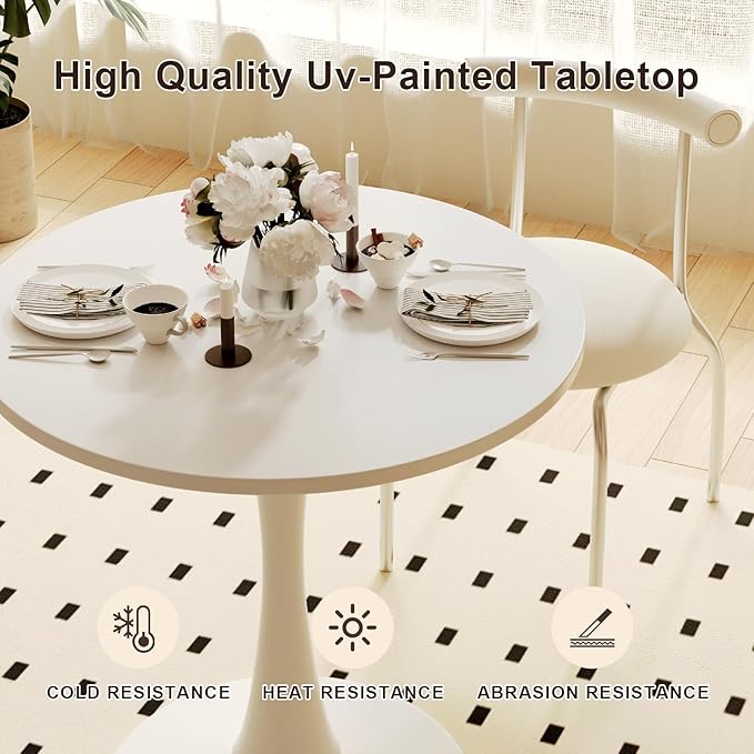 White Round Dining Table for 2 Person, 24 Inch Small Tulip Table with Pedestal for Living Room, Mid Century Modern Kitchen Tables for Office, Bistro, Pub, Bar, Wood Circle Cafe Tables,mesas de comedor