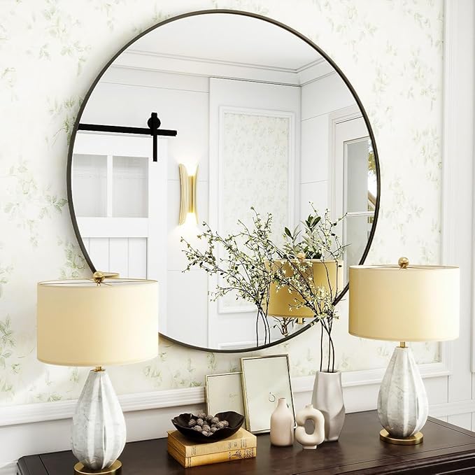 Black Round Bathroom Mirror, 24 inch Circle Wall Mounted Hanging Mirror with Simple Modern Circular Metal Frame for Hallway, Entryway, Living Room, Black Frame