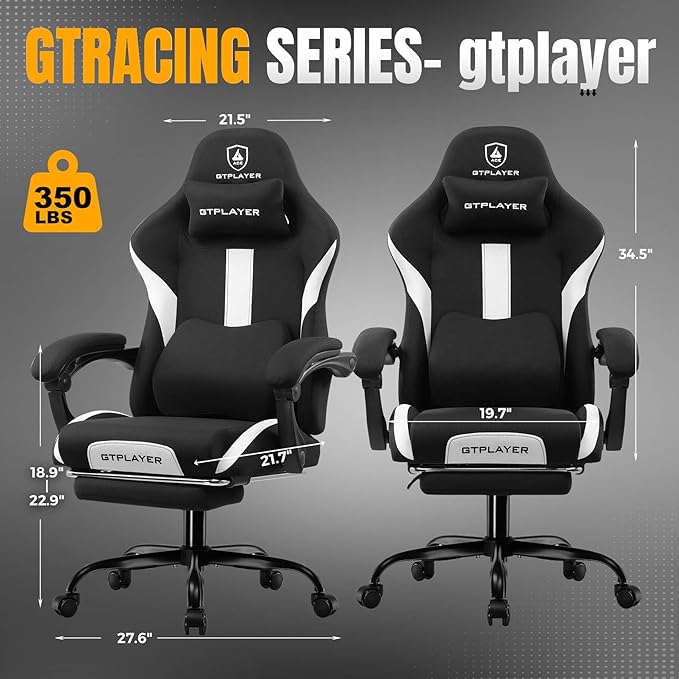 GTRACING Gaming Chair with Foot Rest & Pocket Spring Cushion, Breathable Fabric for Home Office Desk, Ergonomic High Back Computer Chair with Headrest & Lumbar Support, Black
