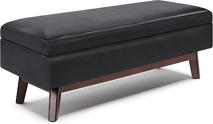 SIMPLIHOME Owen 48 inch Wide Mid Century Modern Rectangle Rectangular Storage Ottoman in Midnight Black Vegan Faux Leather, Assembled, for the Living Room, Entryway and Family Room