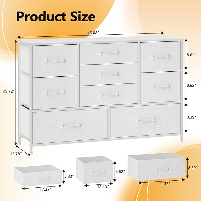 Furnulem Dresser for Bedroom with 9 Fabric Drawers for 55'' Long TV Stand Entertainment Center & Chests of Drawers, Wide Dresser Storage for Living Room, Dorm, Entryway, Sturdy Metal Frame, White