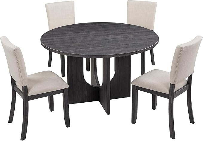 Ball & Cast 5 Piece Dining Table Set with 4 Upholstered Chairs,Wooden Living Room Furniture W/ 47.3" Round Kitchen Desk & Backrest Chair,for Small Space,Dining Room,Antique Black & Beige