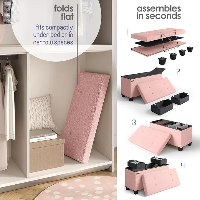STORAGEBUD Storage Ottoman Bench with Bins, 30-in Storage Bench for Bedroom End of Bed, Folding Foot Rest Ottoman for Living Room Max 660lbs, Fabric Ottomans, Pink