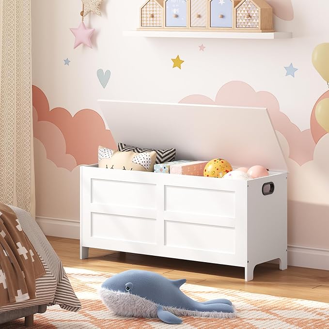 Storage Chest, 39.4” Large Toy Chest, Entryway Storage Trunk, Storage Bench with Safety Hinge, Entrance Bench for Living Room, Entrance, Bedroom, White SCWT48301