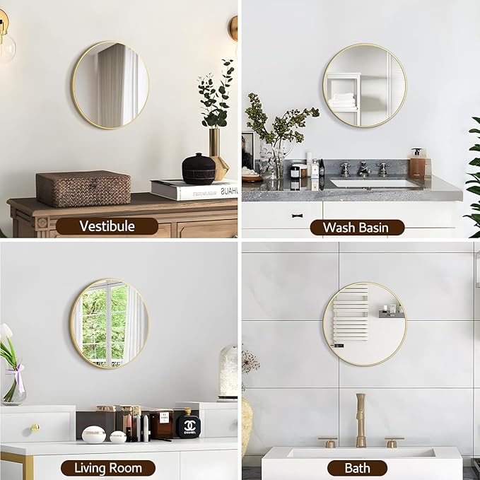 12 Inch Gold Round Bathroom Mirror Circle Wall Mirrors Brushed Metal Frame Anti-Rust Tempered Glass Mirror for Bathroom Bedroom Entryway Living Room