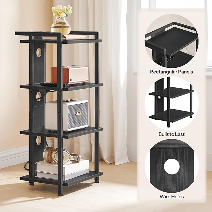 HOOBRO 4-Tier AV Media Console With Charging Station and LED Light, Wooden Stereo Cabinet, Corner TV Stand, Record Player, Entertainment Device, Black BB38UDCJ01