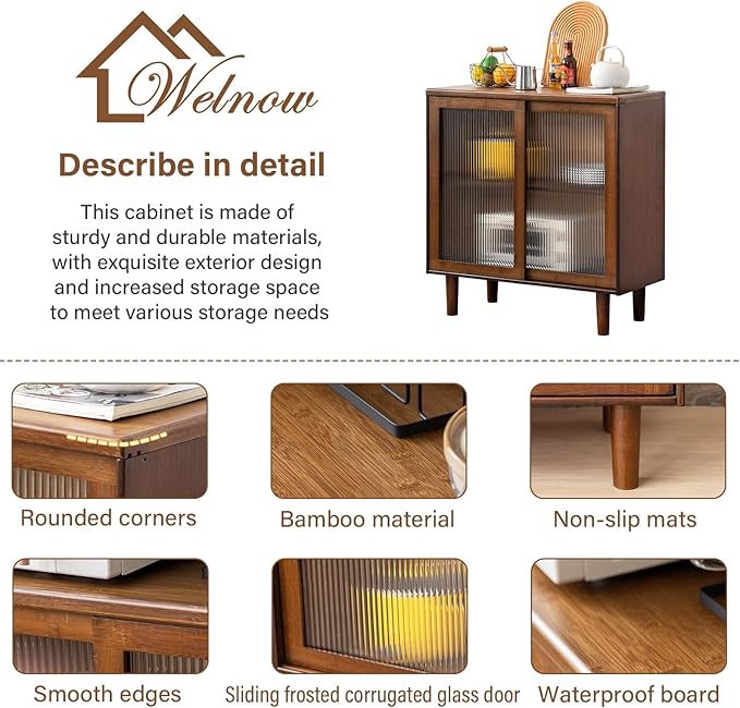 Welnow Buffet Cabinet, Bamboo Sideboard with Storage Kitchen Display Cabinet with 2-Tier Shelves Boho Coffee Bar Tables for Kitchen, Living Room, Entryway, Office, Walnut