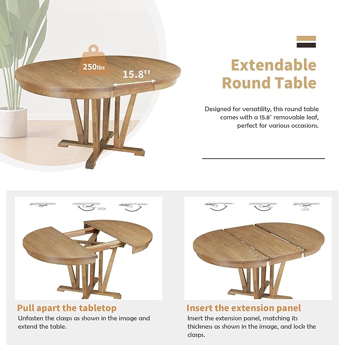 Ball & Cast Rustic 5-Piece Extendable Dining Table Set for 4,Round Trestle Table and 4 Cross Back Chairs,15.8" Removable Leaf,Wood Kitchen Sets,Intimate Gatherings or Larger Gatherings,Brown