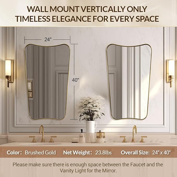 Brushed Gold Bathroom Mirror, 24x40 Inch Gold Irregular Bathroom Vanity Mirror, Gold Asymmetric Mirror with Stainless Steel Frame, Metal Framed Wall Mounted Accent Mirror Vertical Only