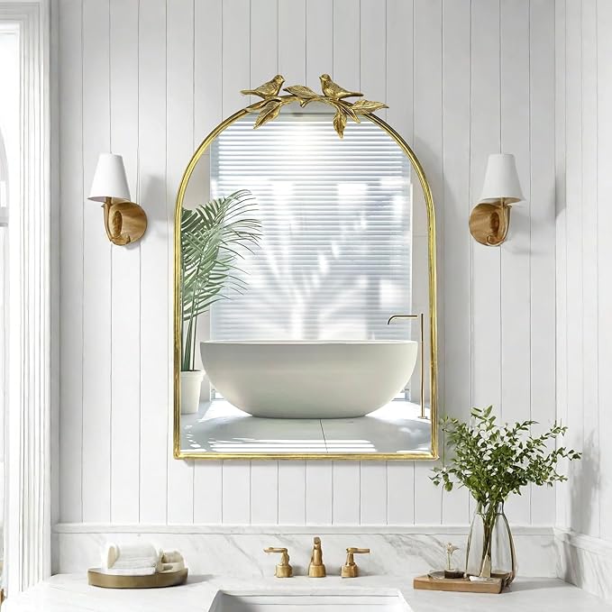 Gold Vintage Mirror for Vanity 24x35 Inch Gold Antique with Ornate Frame, Arched Vintage Wall for Bathroom, Living Room, Fireplace, Entryway