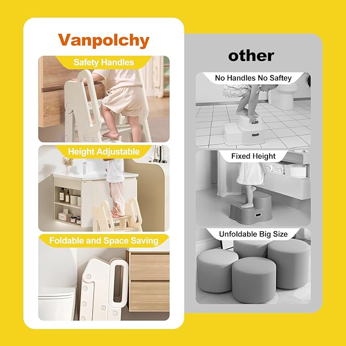 Kids Step Stool for Bathroom, Non-Slip Toddler Step Stool Kitchen Helper, 150lbs Load Bearing Foldable Toddler Tower for Kitchen Counter, Kids Stool for Bathroom Sink