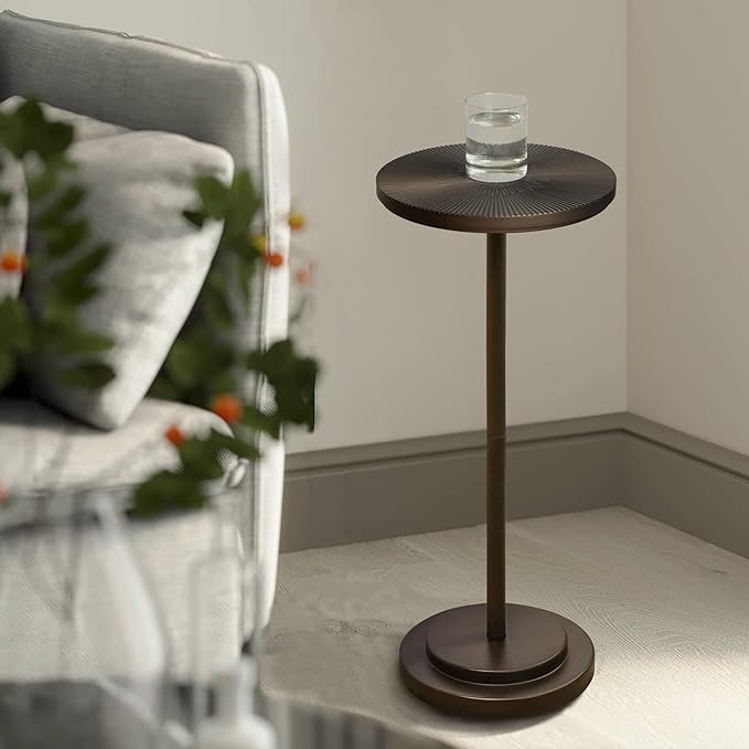Drink Table, Carved Table Top Martini Table, Small Side Table, Weighted Base Pedestal Table for Living Room, Bedroom, Bathroom, Brown