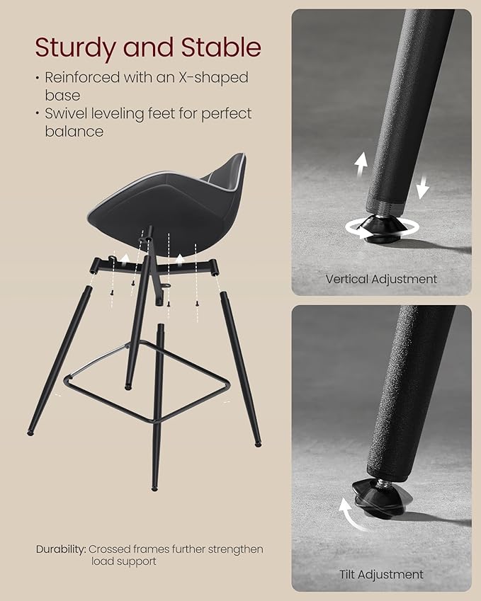 VASAGLE Bar Stools Set of 2, Counter Height Bar Stools with Back, Ergonomic Backrest, Synthetic Leather, Metal Legs, 24.4-Inch Tall Barstools for Kitchen Island Home Bar, Easy Assembly, Ink Black