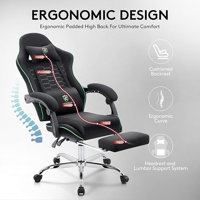 Gaming Chair Breathable Fabric,Computer Office Chair with Footrest,Massage Lumbar Support and Gel Pad,Ergonomic Reclining Adjustable Gamer Chair with Headrest and Spring Cushion Black Green