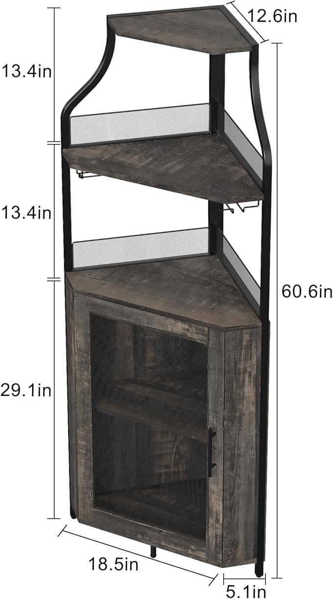GarveeHome Corner Wine Bar Rack Cabinet with Detachable Wine Rack, Home Bar Cabinet with Barn Door and Adjustable Shelf, Wine Bar Cabinet and Buffet Cabinet with Mesh Door, Fire Wood