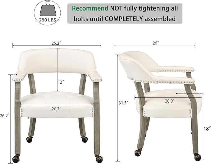 LEEMTORIG Large Dining Chairs with Casters and Arms, Rolling Dining Chairs with Wheels, Accent Game Poker Table Chairs, Solid Wood Office Chairs, 26“Dx25.2 Wx31.5“H, Grey Legs & Ivory PU SY-1318-WT