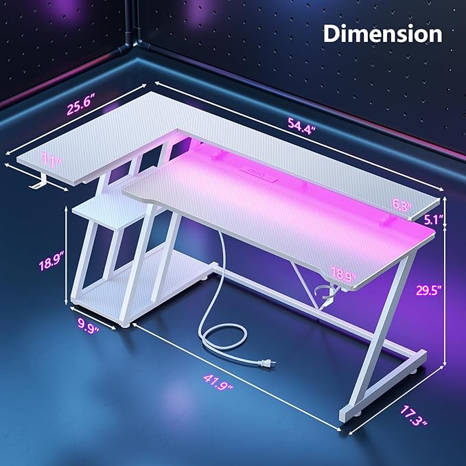 55 Inch White Gaming Desk with Power Outlet & LED Lights, L Shaped Computer Desk Gaming with 3 Tiers Storage Shelves, Reversible Corner Desk with Monitor Stand for Bedroom